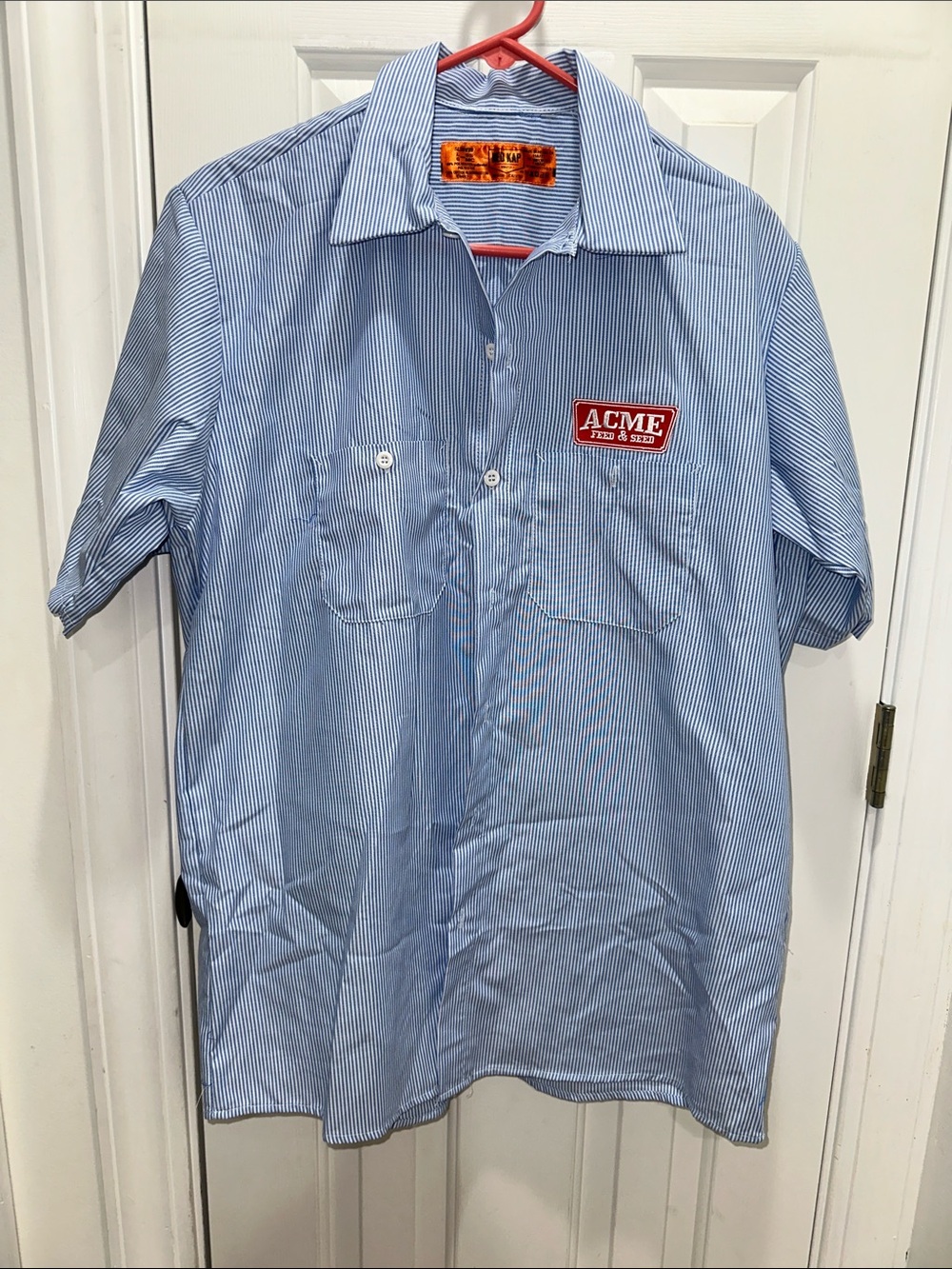 ACME Light Blue and White Pinstripe Short-Sleeve Button Shirt with Red Patch